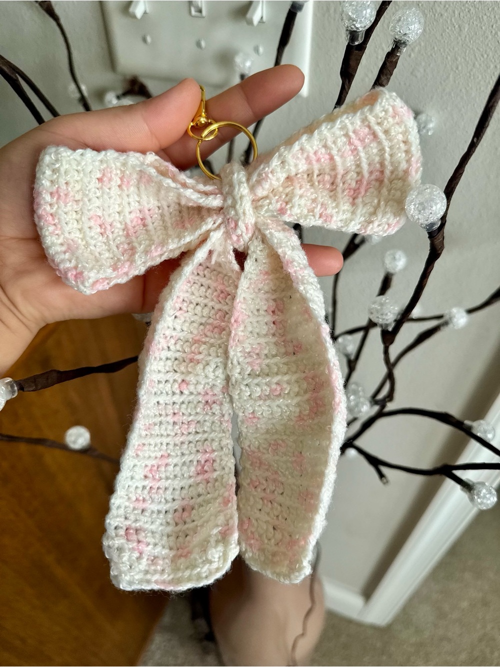 Handmade Crochet Bow Keychain - White with Soft Pink Speckles